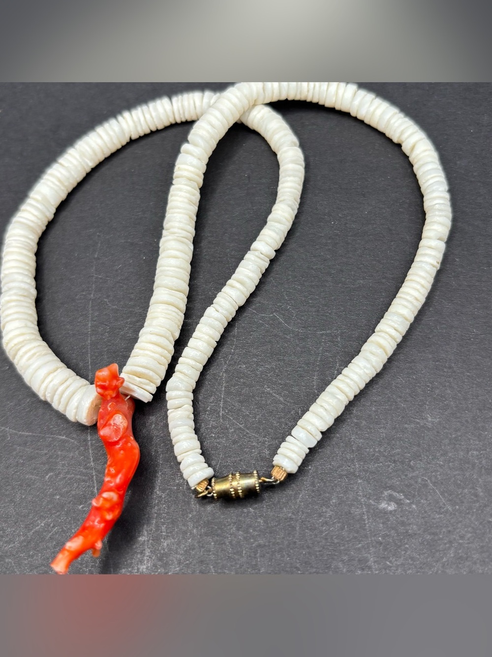 White Shell Bead Necklace with Red Coral Pendant